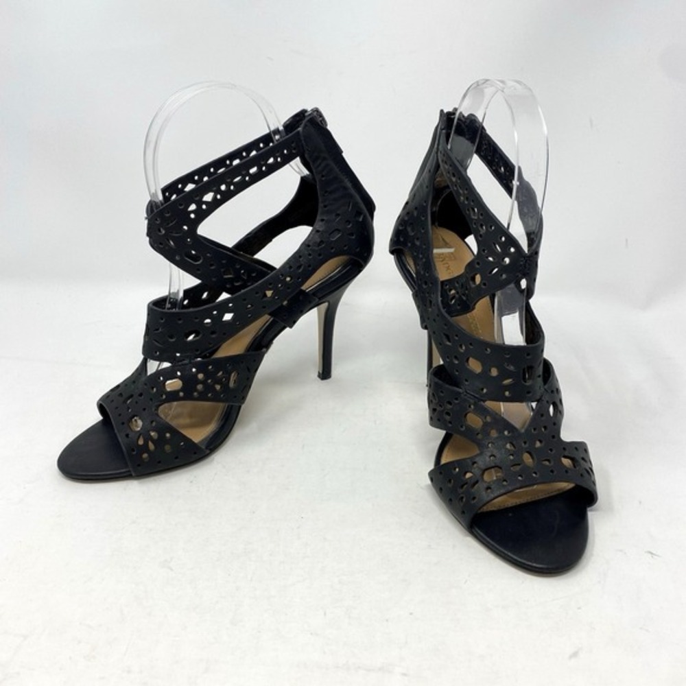Badgley Mischka Womens Stiletto Heels Size 7M Lasercut Black Leather Baddie Alt‎